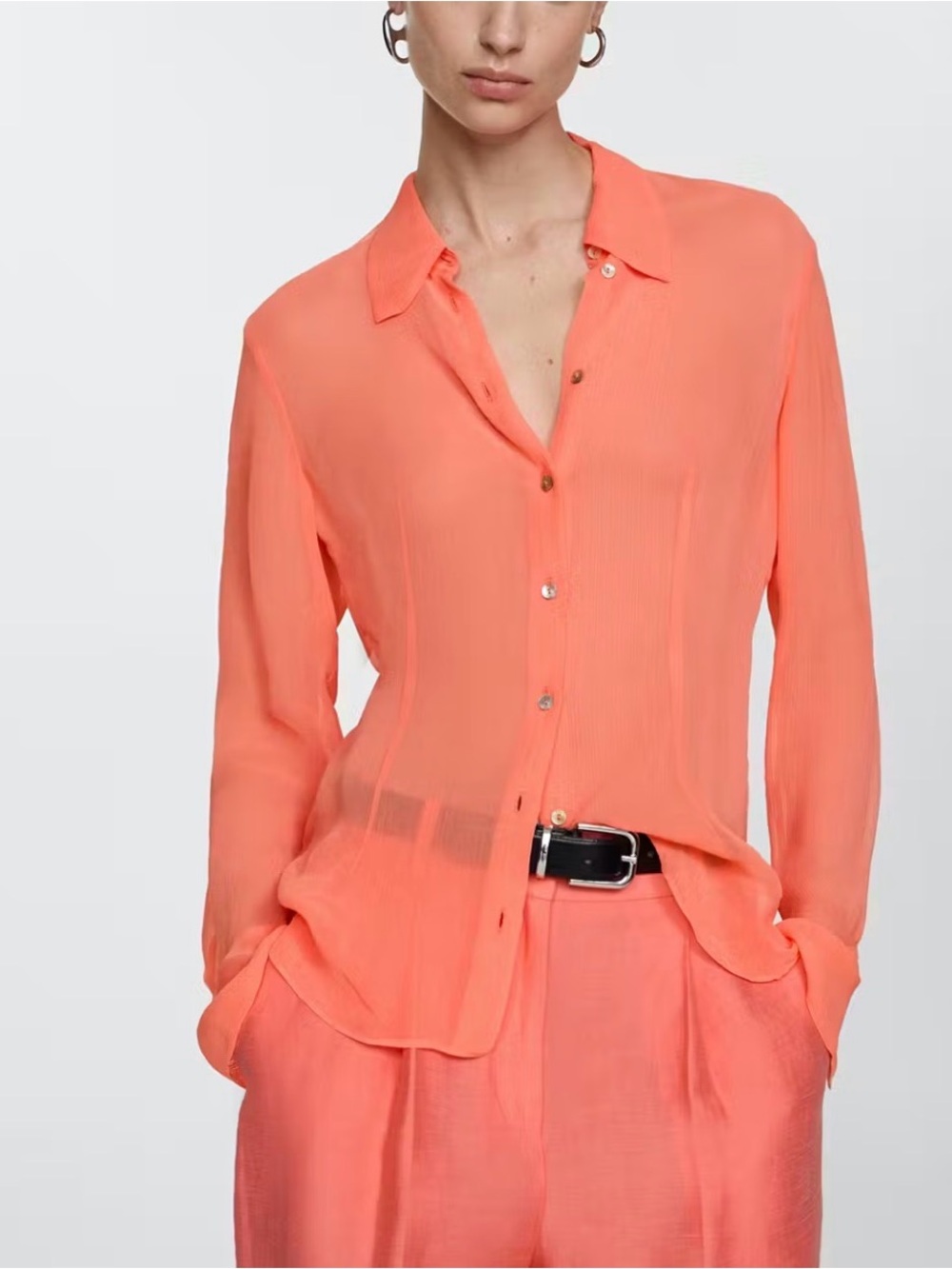 Mango Sheer Button-Up Blouse in Coral Orange